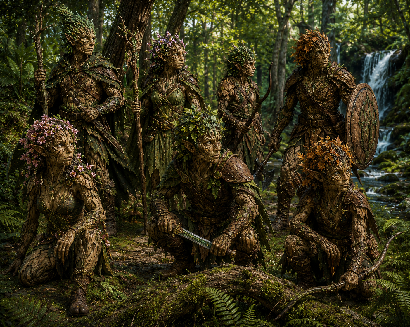 Arboren guardians gathered beside a forest waterfall