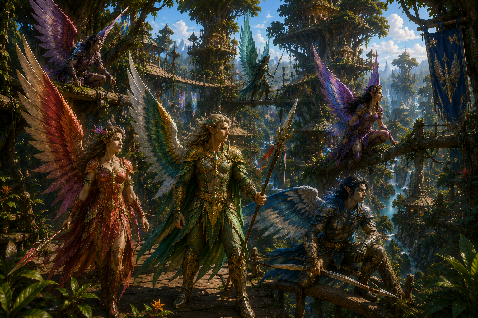 Ariel guardians gathered among the treetop settlements of Tropica