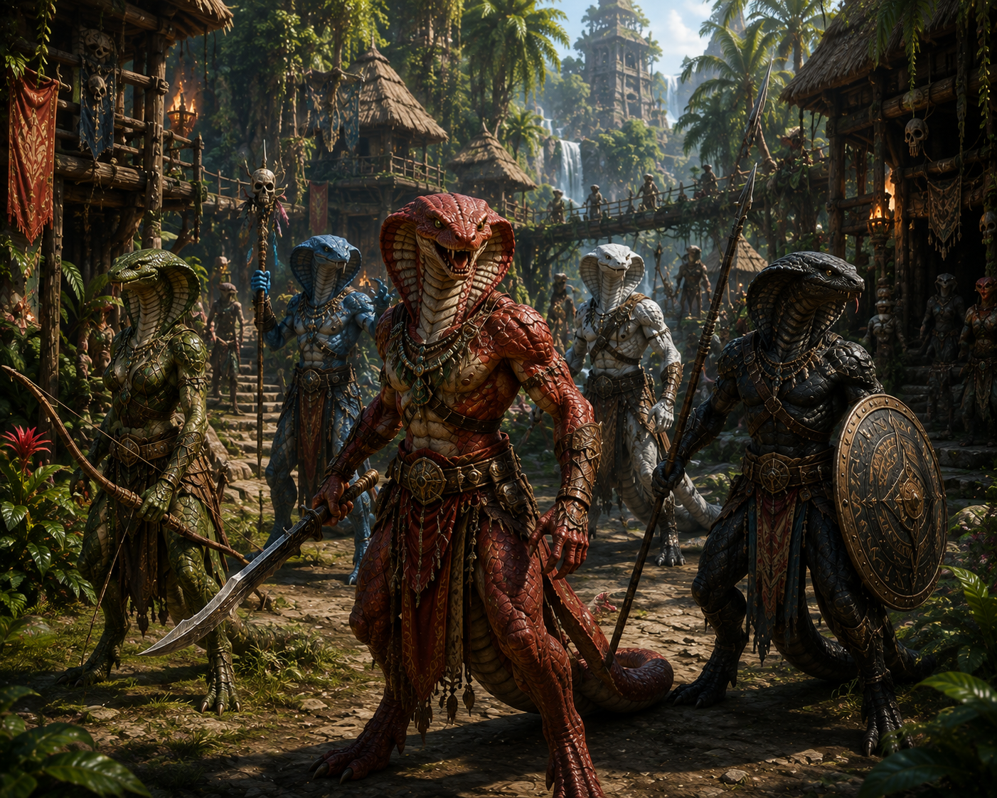 Bakali warriors gathered in a tropical settlement