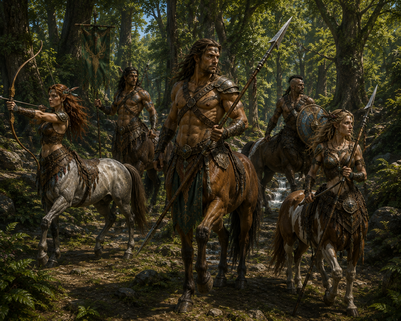 Centaur warriors traveling through a forest
