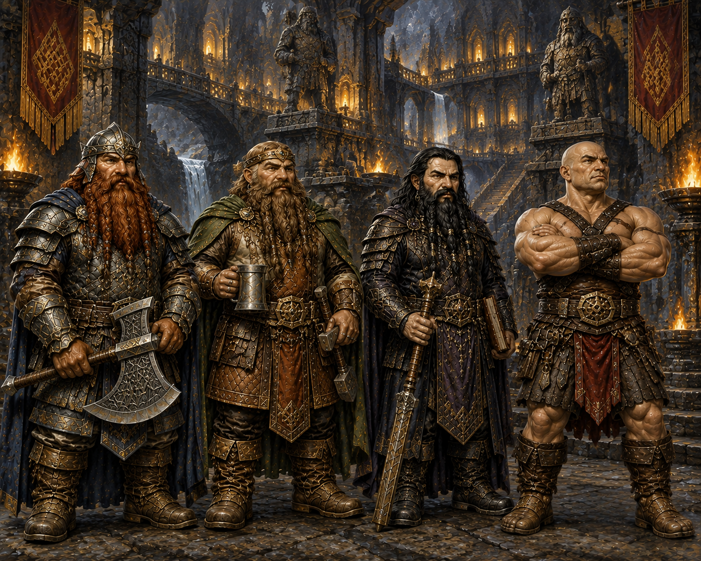 Four dwarven kindreds in a great mountain hall