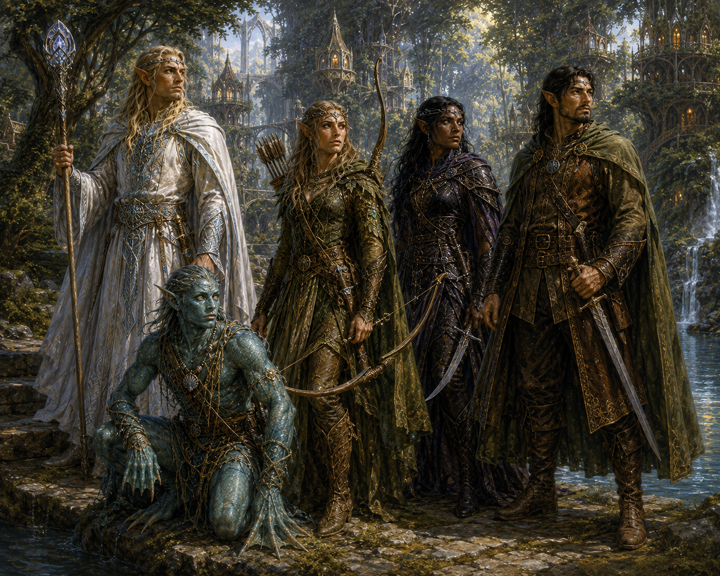 Five elven kindreds gathered in a forest city