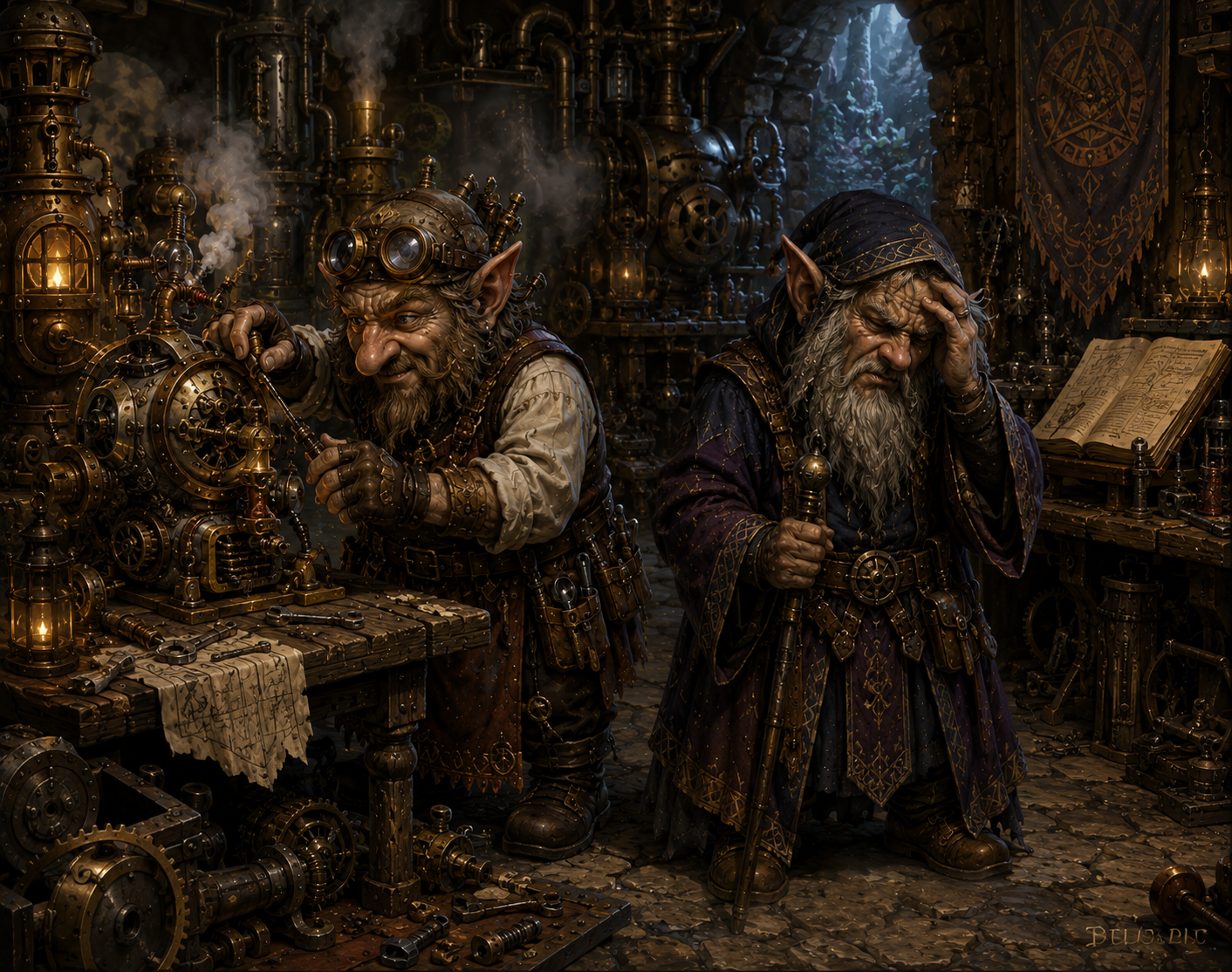 A Tinker Gnome and Deep Gnome in a mechanical workshop