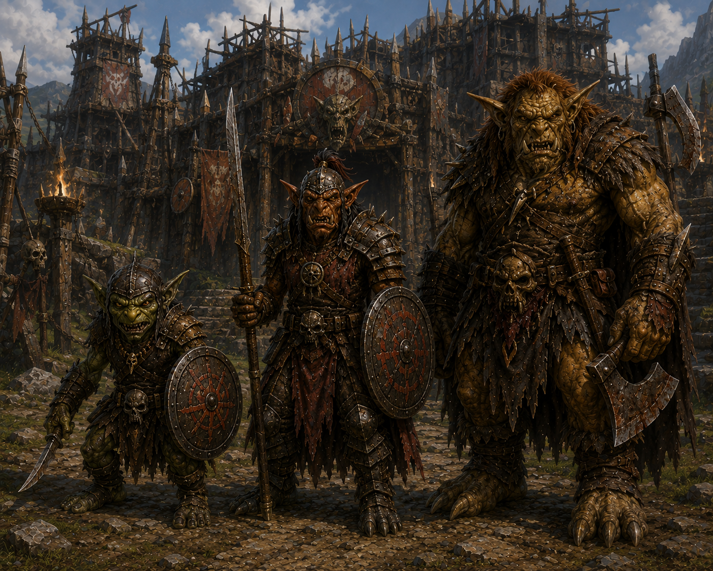 Goblin, Hobgoblin, and Bugbear warriors before a fortified camp