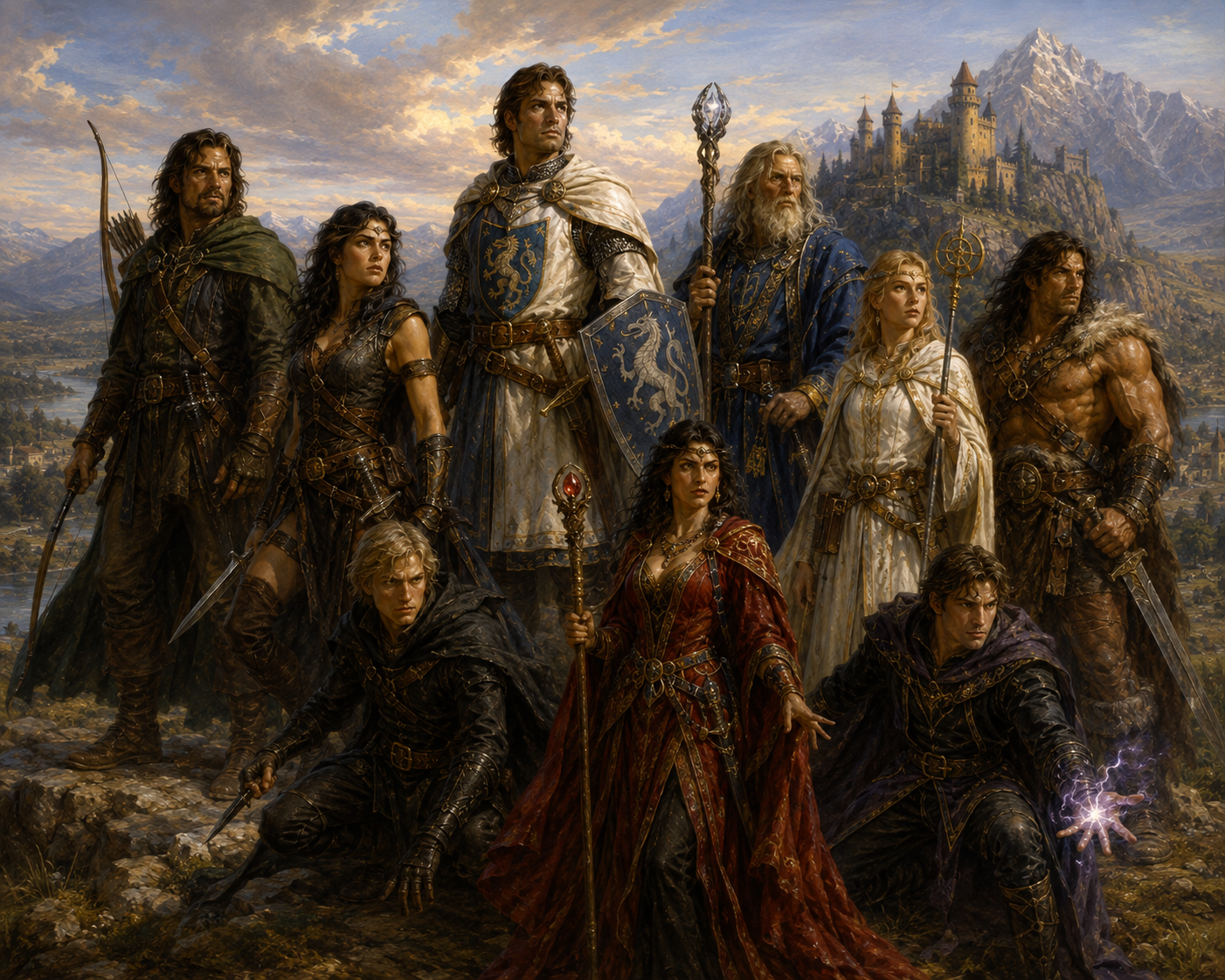 Human adventurers overlooking a mountain kingdom