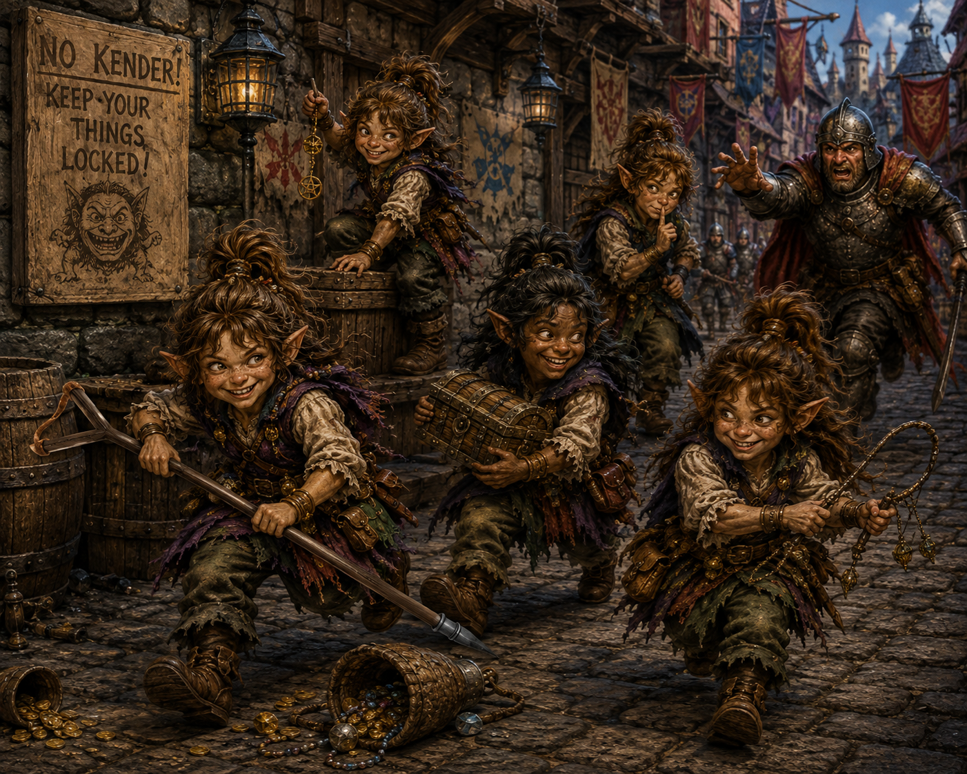 A band of Kender escaping through a market street with borrowed treasures