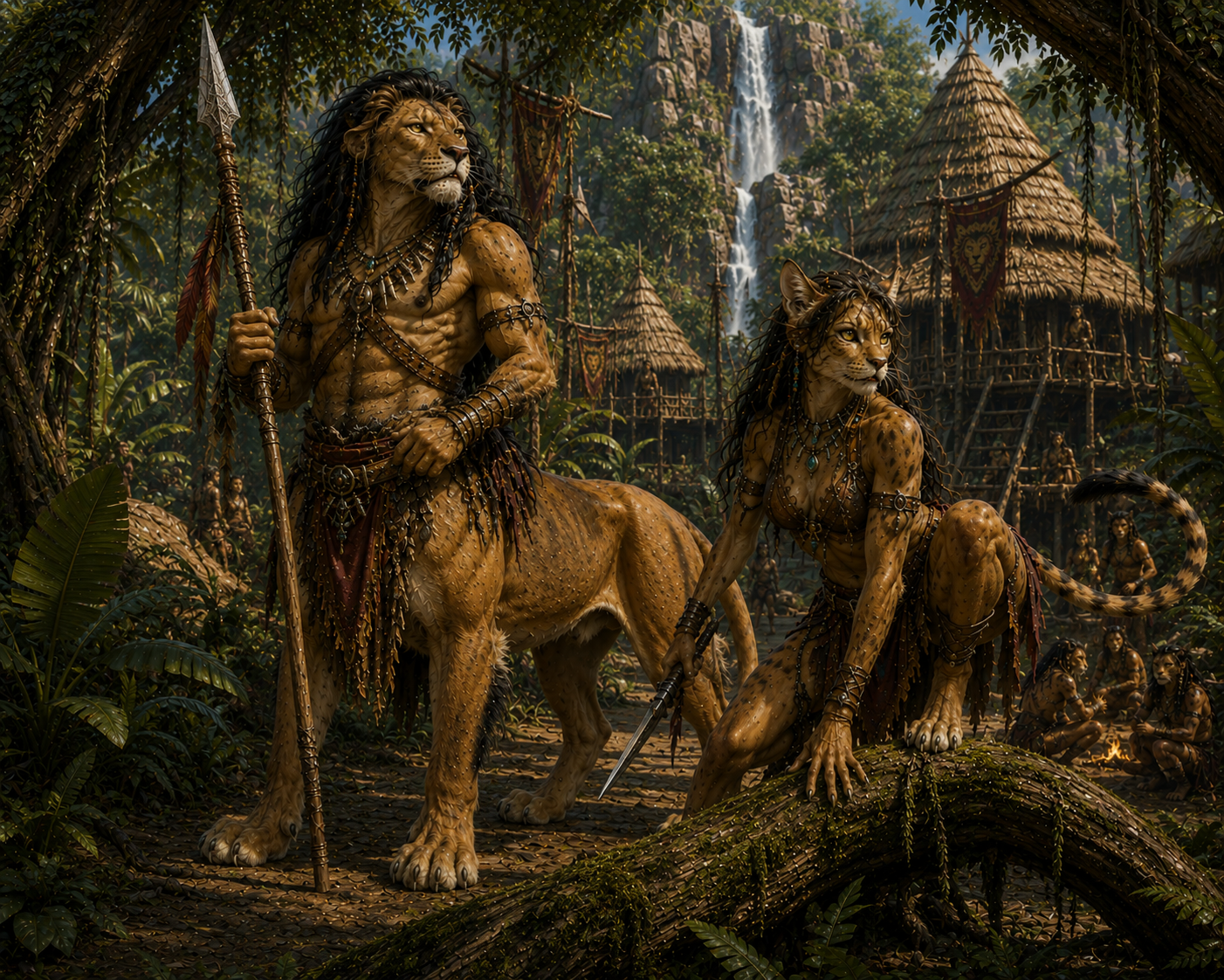 A Wemic and Felar guarding their jungle village