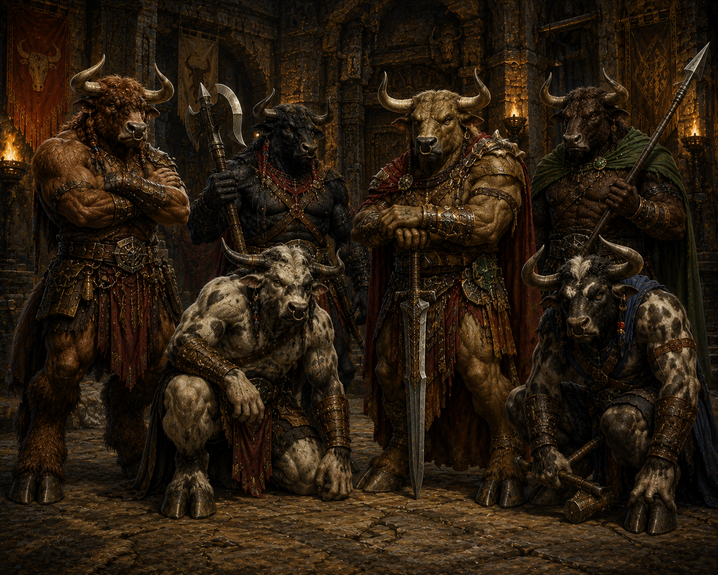 Minotaur warriors gathered in a great stone hall