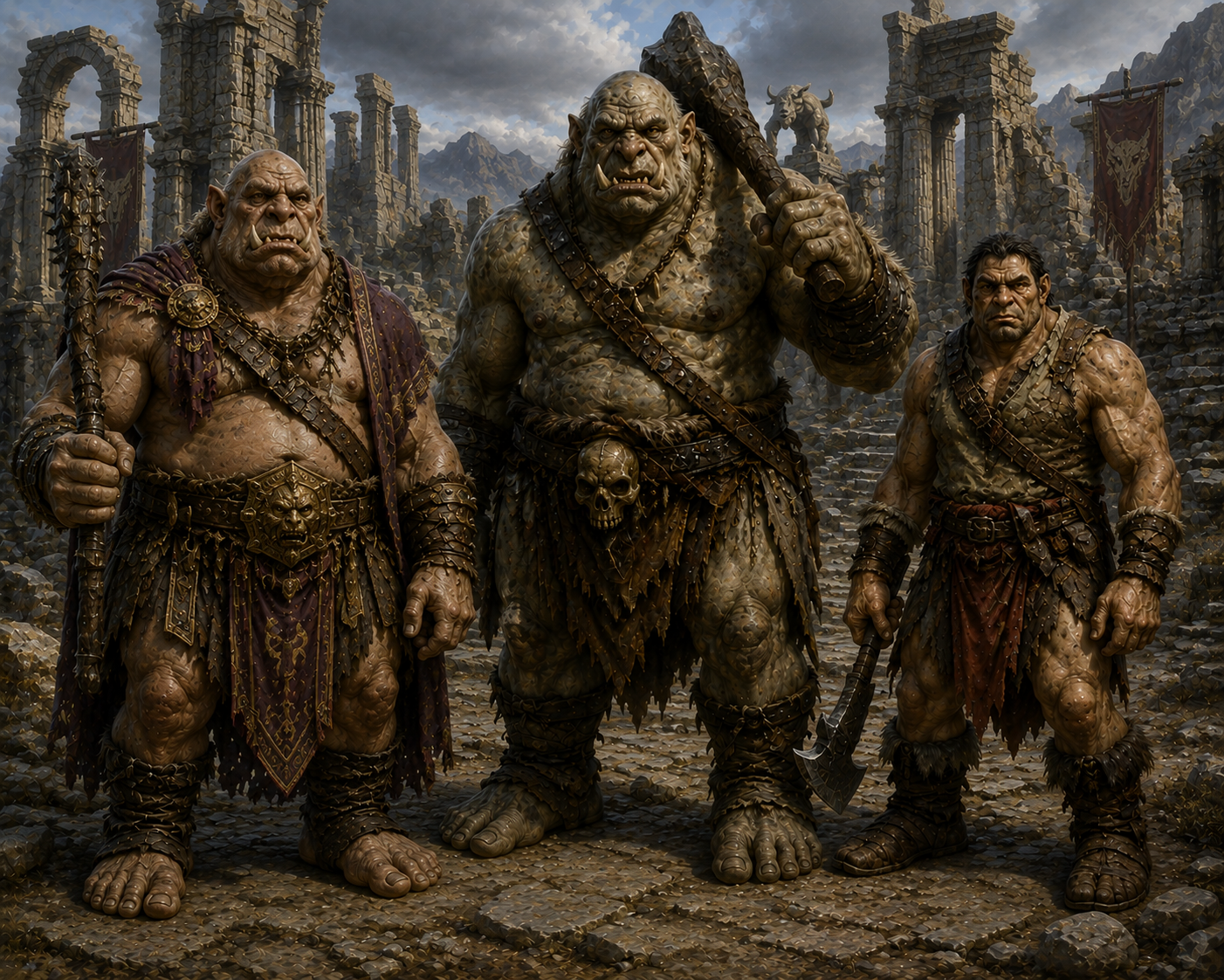 Ogre, Giant Ogre, and Half Ogre warriors among ancient ruins