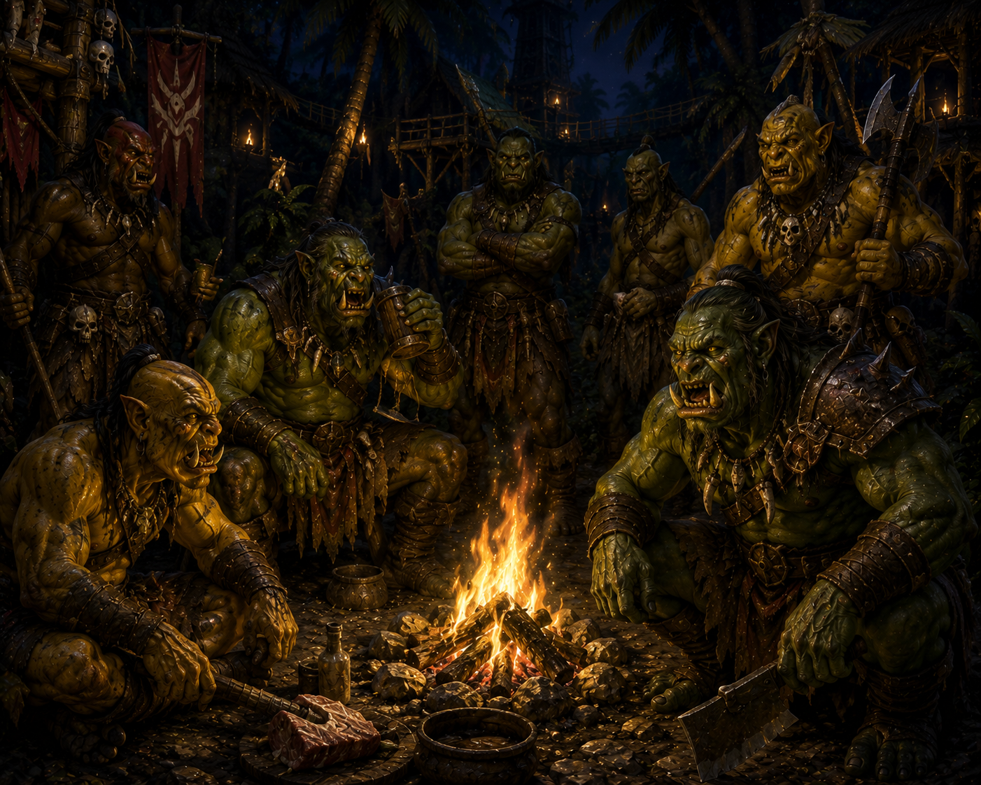 Orc warriors gathered around a fire in a tropical encampment
