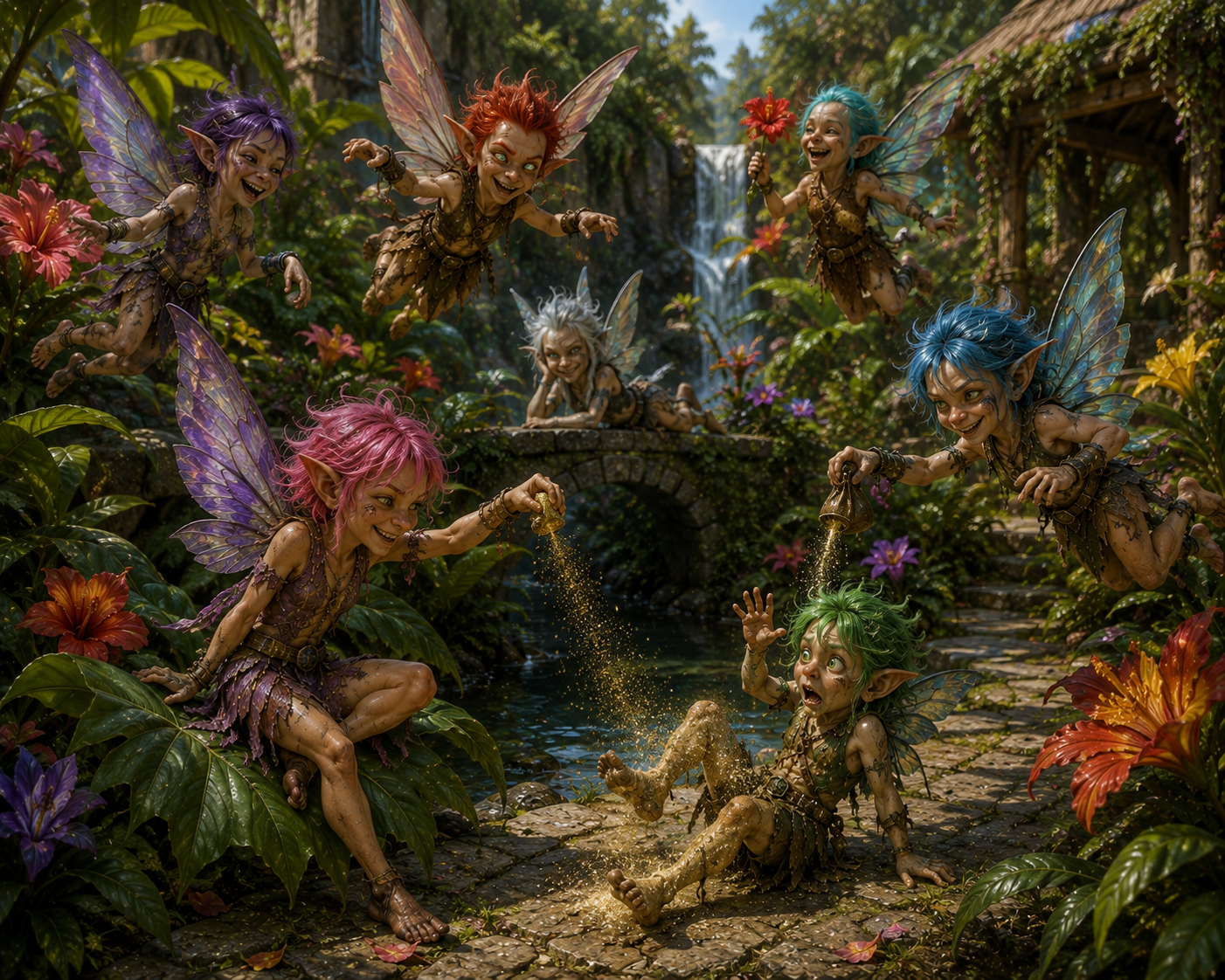 Colorful Pixies playing with magical dust in the jungles of Tropica