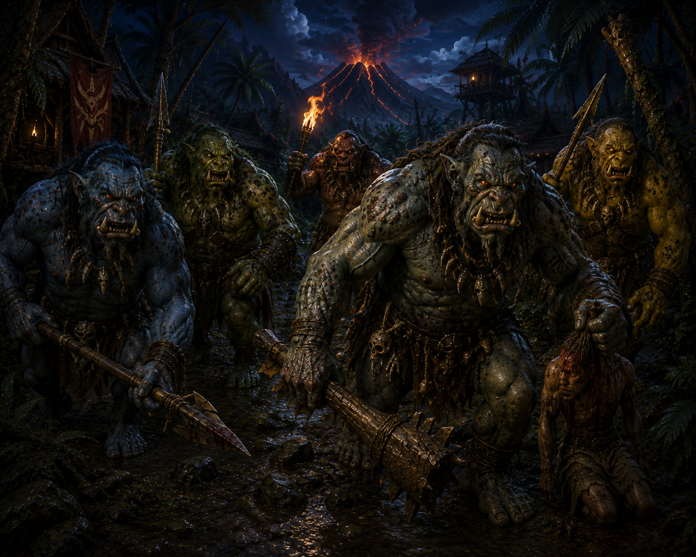 Troll warriors advancing through a tropical settlement beneath an erupting volcano